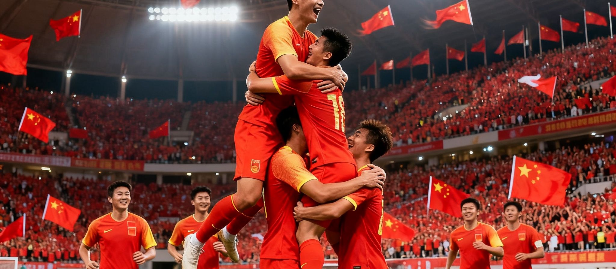 2026年世界杯预选赛亚洲区决赛现场，中国国家足球队球员们在球场上激情拥抱庆祝，武磊被队友高高举起，背景是红色海洋般的球迷看台，数万面国旗在夜风中飘扬